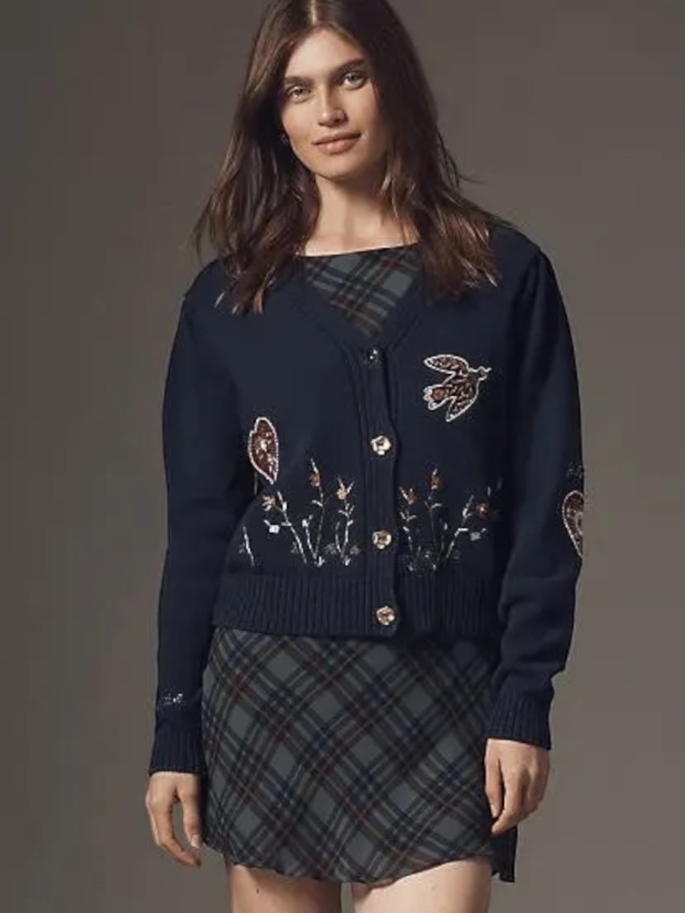 Anthropologie Maeve Embellished Embroidered V Neck Cardigan Sweater Navy Medium